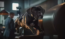 dog jumping over chair with person in background