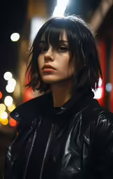 young woman wearing black leather coat on dark street at night