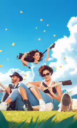 two people are playing guitars in front of a blue sky