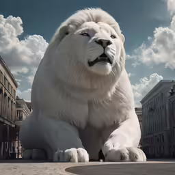 a big white bear statue sitting in a city