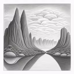 a drawing of mountains that look like they have been sliced in half,the mountains and valleys in this drawing are shaped like an island,an abstract landscape that has several mountains in the distance,an artwork with some water and some rocks in the middle,a drawing of mountains, the river and clouds