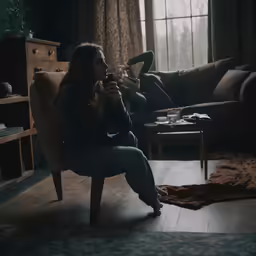 woman drinking from glass sitting in chair next to window