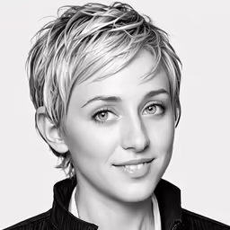 a woman with short hair smiles in a black and white photo