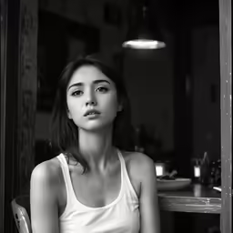 a beautiful young lady in white sitting down