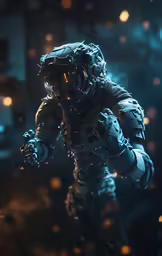 an action soldier dressed in a futuristic suit with a sci weapon on his right arm