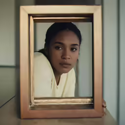 an image of a woman sitting behind a picture frame