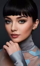 a woman with short black hair wearing a high neck dress