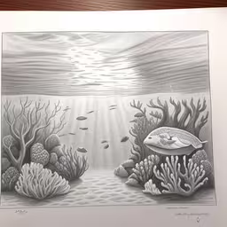 drawing of coral reefs on water with white frame