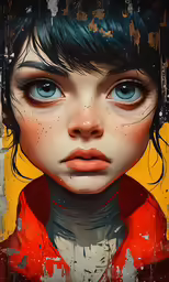 a painting of a girl with blue eyes