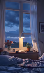 bedroom scene in the evening time with white sheets