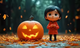 a little girl standing next to a pumpkin