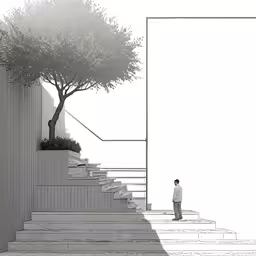 a person standing on stairs near a tree