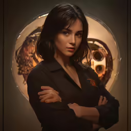 a woman wearing a black shirt standing in front of a clock