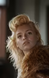 woman in white fur coat looking away from camera