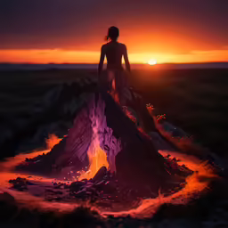 the woman is standing on a mountain that has lava on it