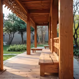 a wooden bench in the middle of an open area
