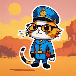 a stylized cartoon of a cat in a uniform,an animal that has glasses on and is in uniform