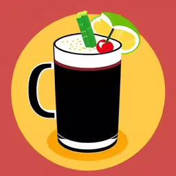 there is an illustration of a beverage with fruits,a glass filled with a beverage next to an orange slice,a drink with garnishes is on a plate,there is a mug with drinks, orange wedges and a cherry on the rim,a mug filled with drink and garnished with lemon slices
