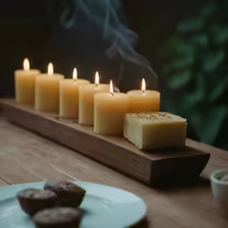 lit candles on a long tray next to cup of coffee and pastries