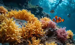 a fish swimming between colorful corals in an aquarium