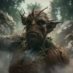 a creature stands in a rocky area covered in mist