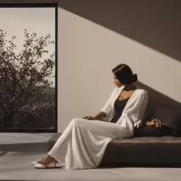 a woman sitting on a couch wearing white