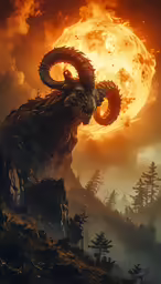 a demonic looking demon standing on a rock in front of a large sun