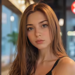 an attractive young woman in black looking at the camera