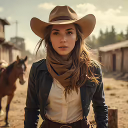 the girl wearing a cowboy hat and scarf is posing next to a horse