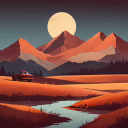 an image of the desert with mountains in the background,a car is parked at sunset in front of mountains