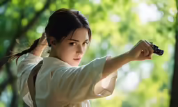 the woman is holding a gun and aiming
