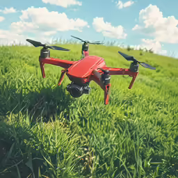 the small red object is flying over the grass