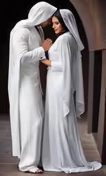 two men dressed in white are standing together