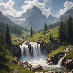 the green grass is near a waterfall and some trees