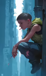 a woman leaning on a building with a cigarette in her mouth