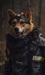 a dog with a hat and leather jacket