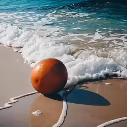 the ball is on the sand by the waves