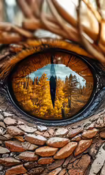 a photograph of an animal eye with tree trunks surrounding it