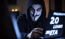 a man with his face painted like a clown using a laptop computer