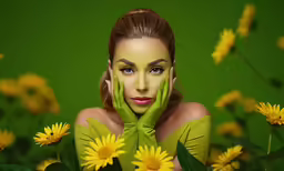 a woman with green paint on her face and hand on the face