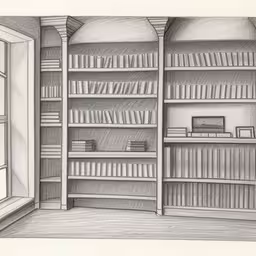 there is a drawing of bookshelves in the room