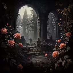 a painting of roses surrounding an image of a man in the woods