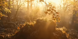 leaves and sunlight are shining in the woods