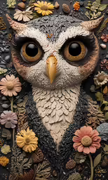 there is a painting of an owl with flowers in its beak