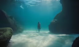 a man in swimming trunks stands under a large waterfall