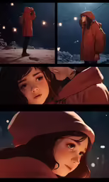 there is a animation storyboard set that shows a young girl outside on the sidewalk at night and then one woman is wearing a red coat