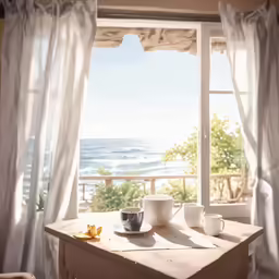 tea and coffee cup on a desk near open windows overlooking the water