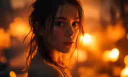 a woman looking intently at the camera with many lights in the background