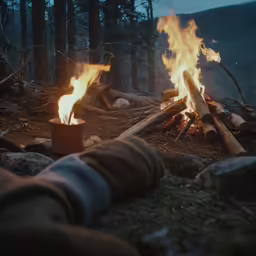 some fire flames next to logs in the wilderness
