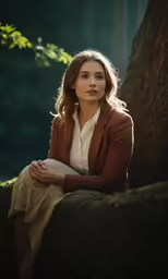 a girl posing for the camera in front of a tree